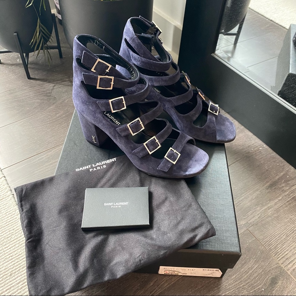Saint Laurent Navy Suede Babies Buckle Sandals 37.5